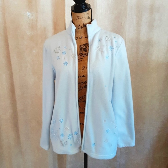 Bobbie Brooks Powder Blue Winter Snowflake Front Zip Fleece Jacket Sz M - Picture 2 of 13